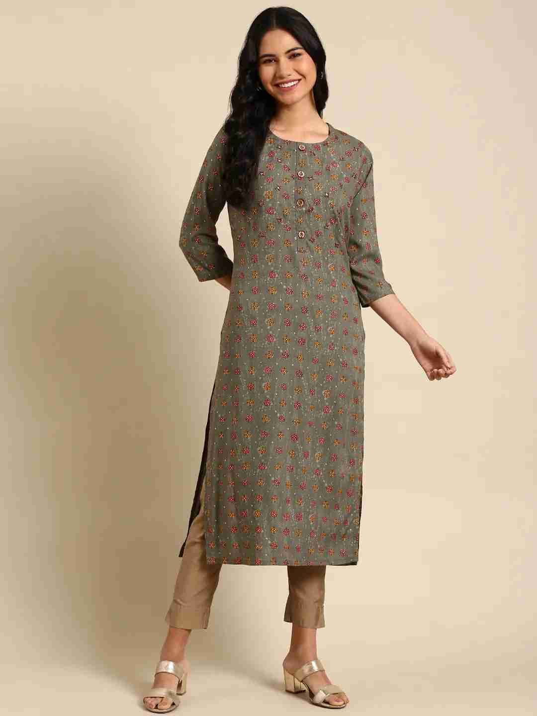 SHOWOFF Women Grey Ethnic Motifs Round Neck Three-Quarter Sleeves Mid Length Straight Kurta