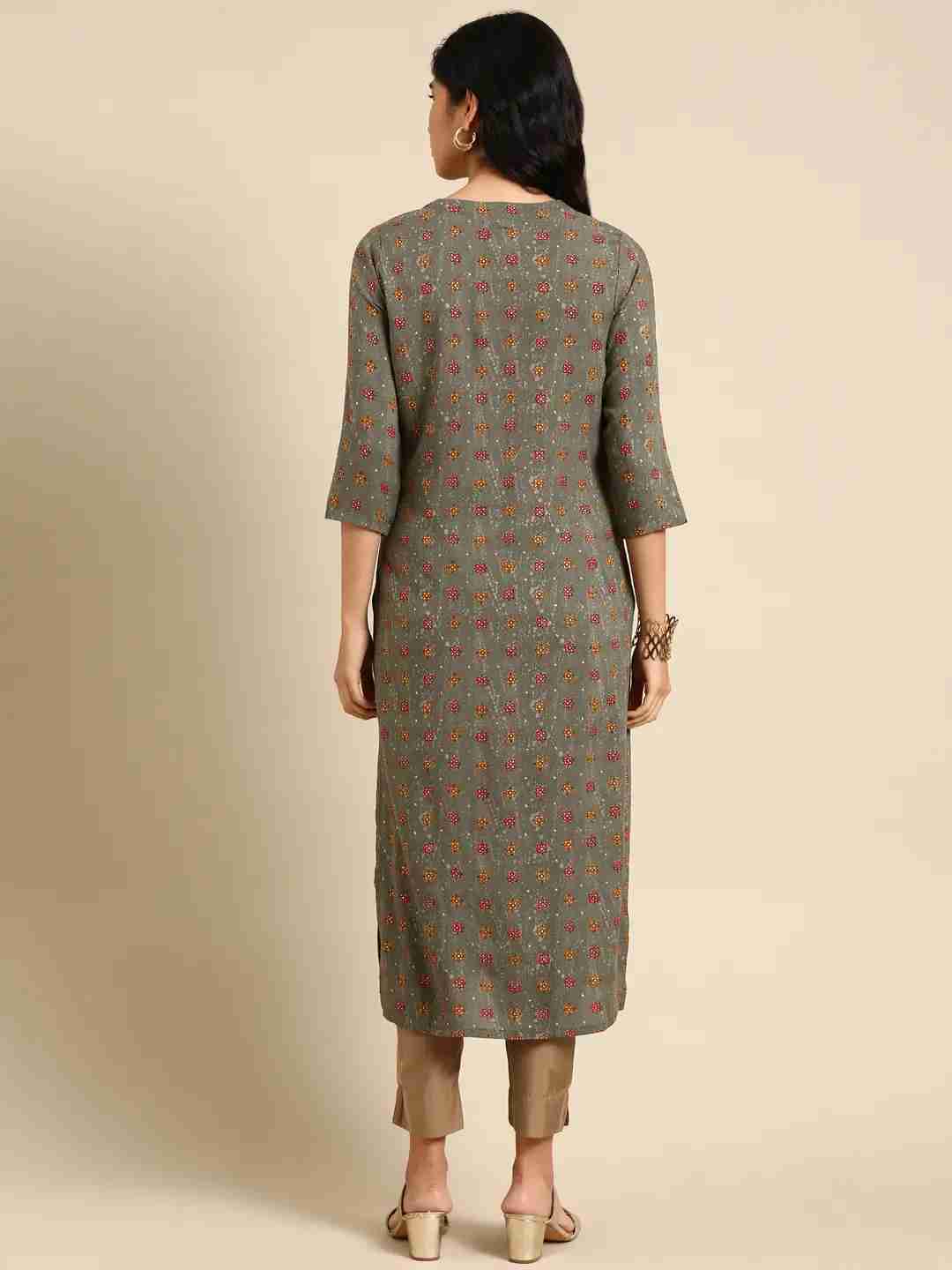SHOWOFF Women Grey Ethnic Motifs Round Neck Three-Quarter Sleeves Mid Length Straight Kurta