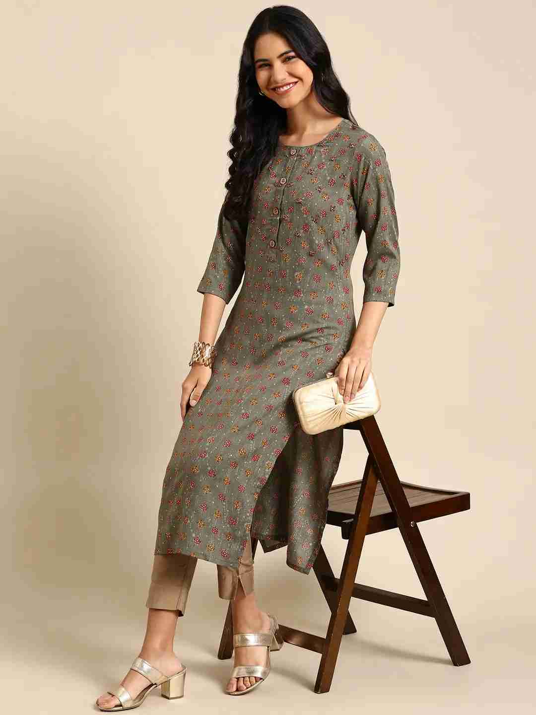 SHOWOFF Women Grey Ethnic Motifs Round Neck Three-Quarter Sleeves Mid Length Straight Kurta