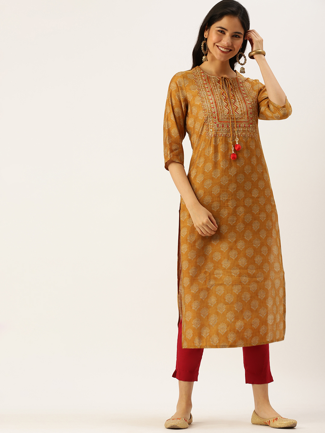 SHOWOFF Women Mustard Ethnic Motifs Keyhole Neck Three-Quarter Sleeves Mid Length Straight Kurta