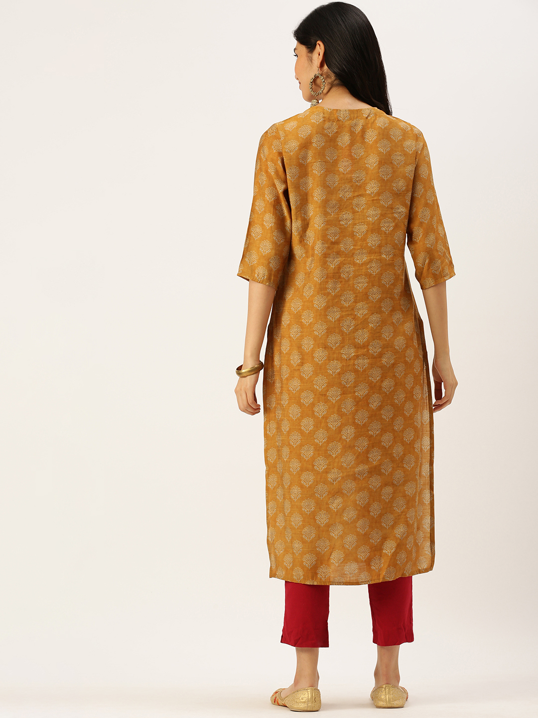 SHOWOFF Women Mustard Ethnic Motifs Keyhole Neck Three-Quarter Sleeves Mid Length Straight Kurta