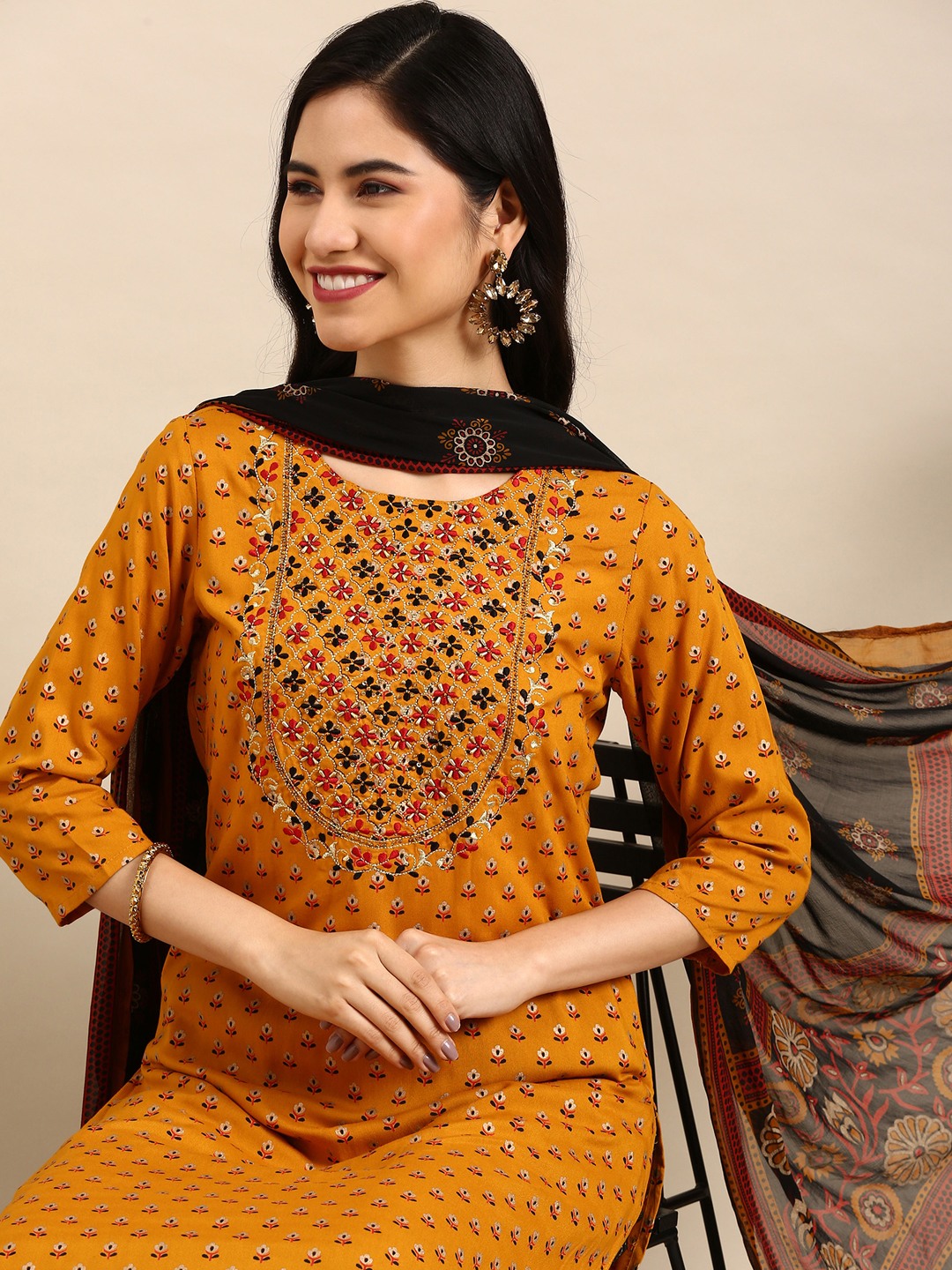 SHOWOFF Women Mustard Printed Round Neck Three-Quarter Sleeves Mid Length Straight Kurta Set