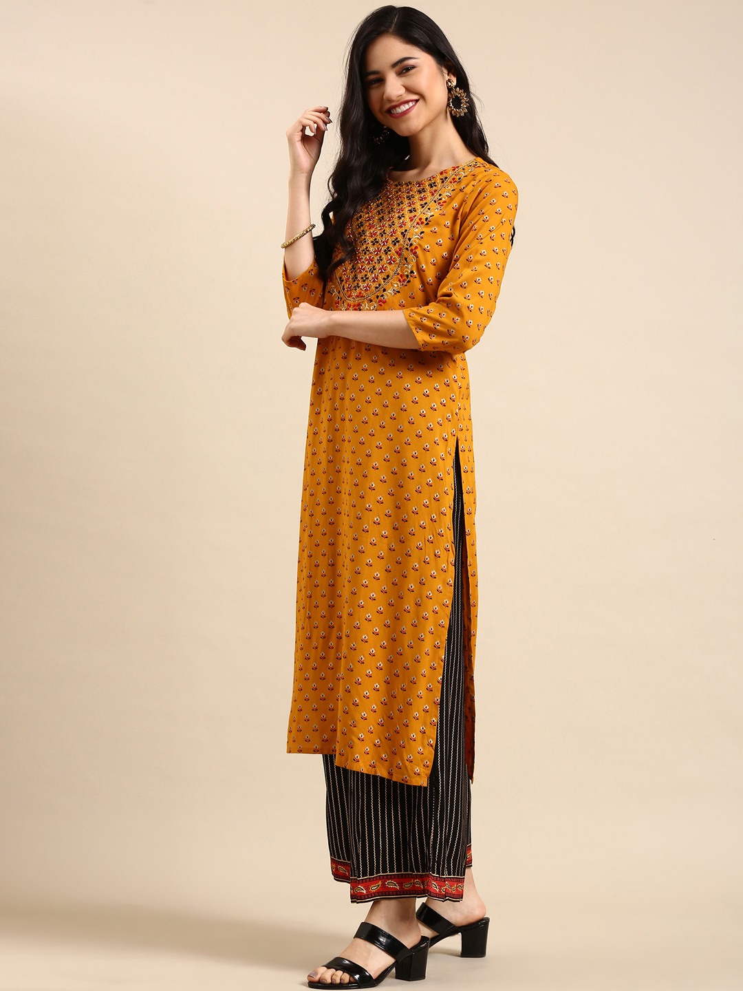 SHOWOFF Women Mustard Printed Round Neck Three-Quarter Sleeves Mid Length Straight Kurta Set