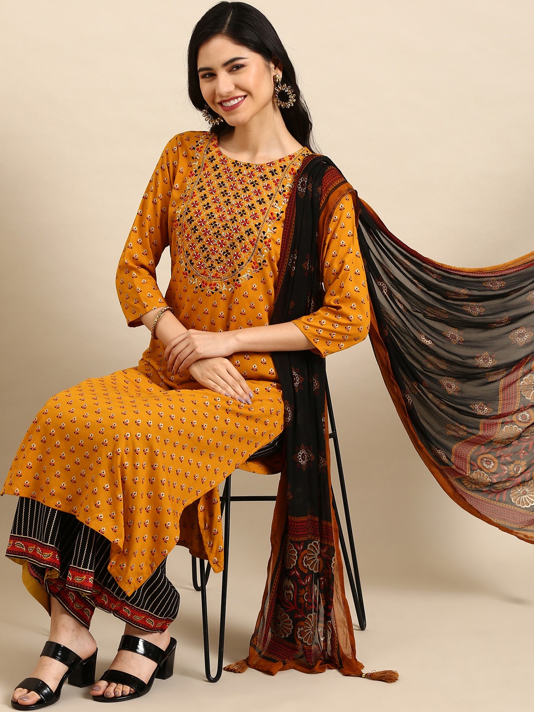 SHOWOFF Women Mustard Printed Round Neck Three-Quarter Sleeves Mid Length Straight Kurta Set