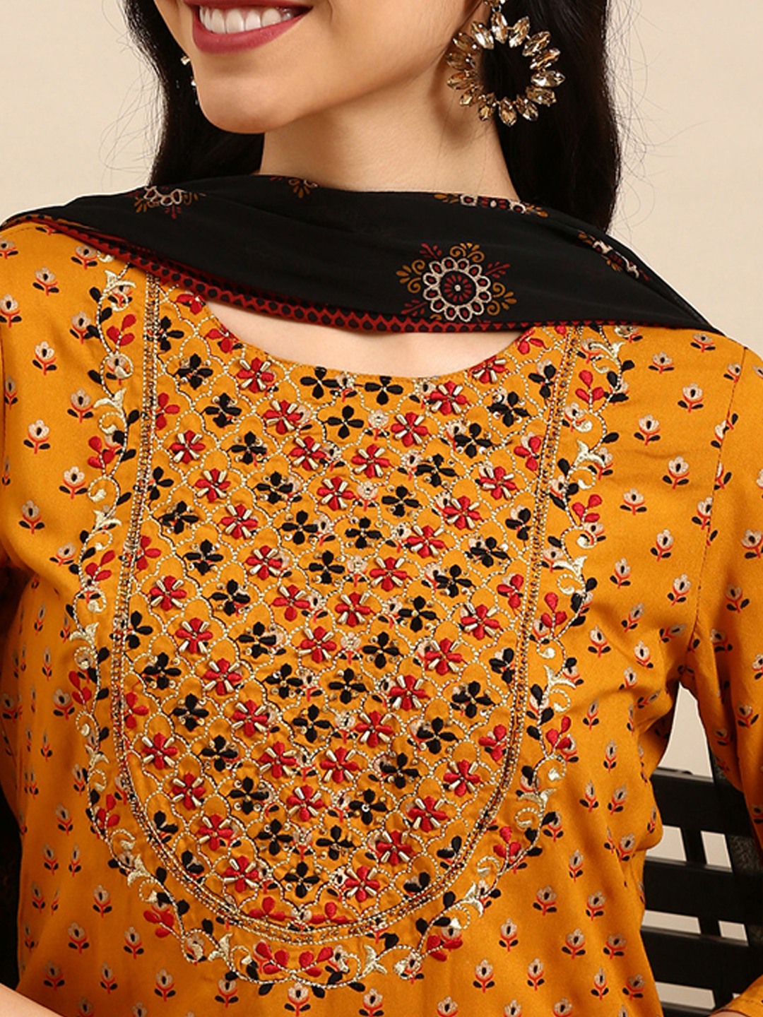 SHOWOFF Women Mustard Printed Round Neck Three-Quarter Sleeves Mid Length Straight Kurta Set