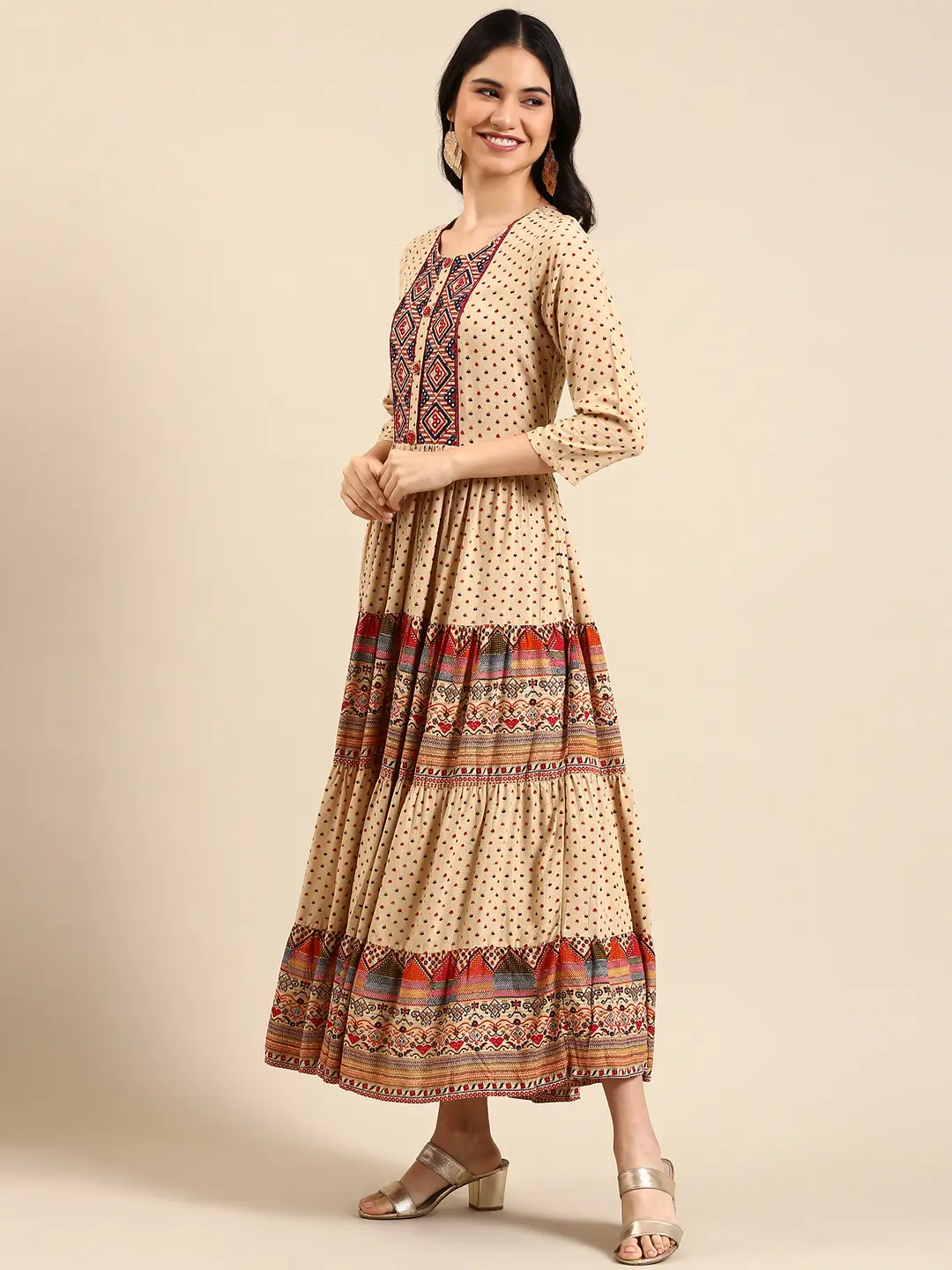 Showoff | SHOWOFF Women Beige Ethnic Motifs Round Neck Three-Quarter Sleeves Ankle Length Anarkali Kurta 2