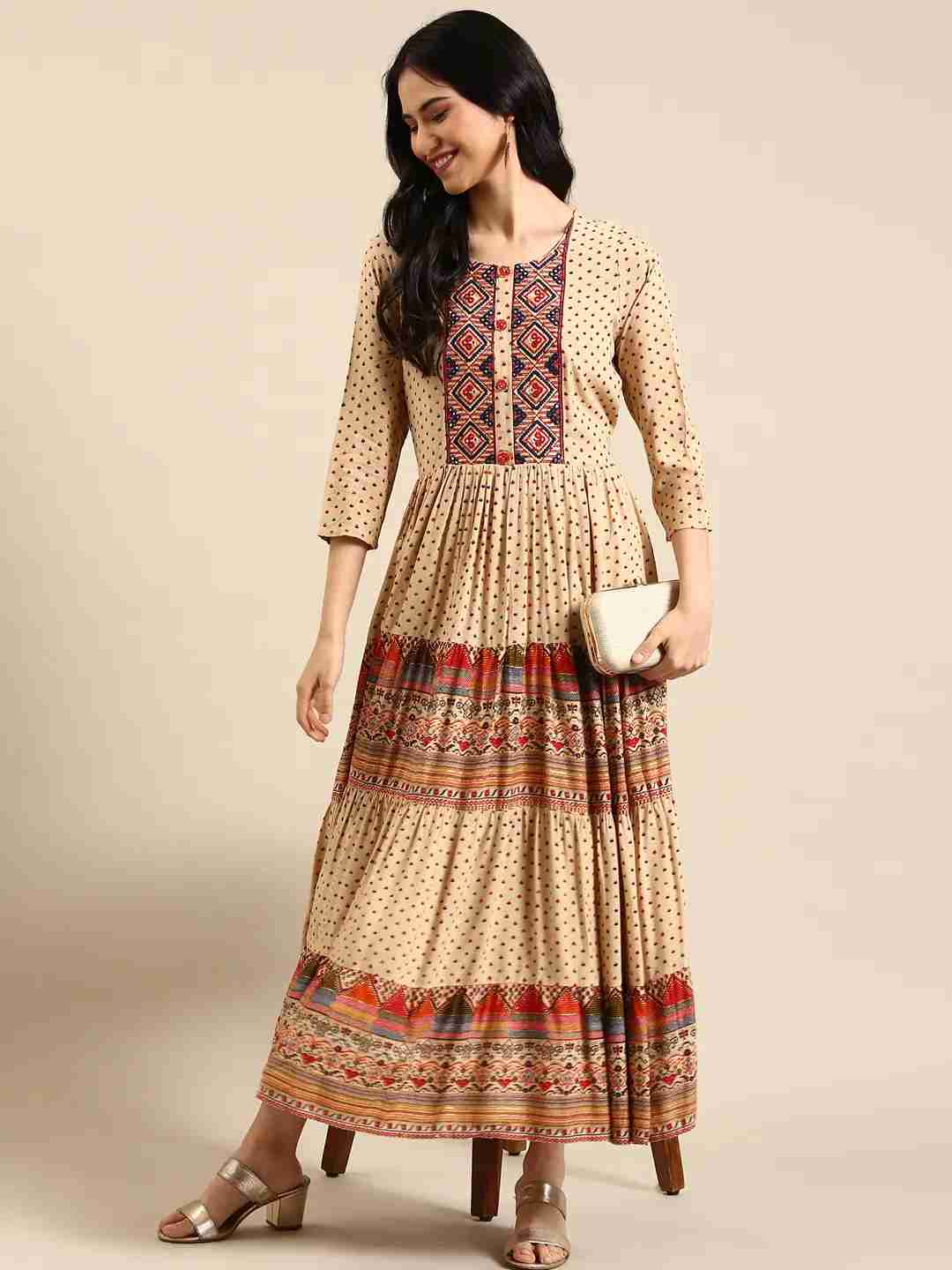 Showoff | SHOWOFF Women Beige Ethnic Motifs Round Neck Three-Quarter Sleeves Ankle Length Anarkali Kurta 4