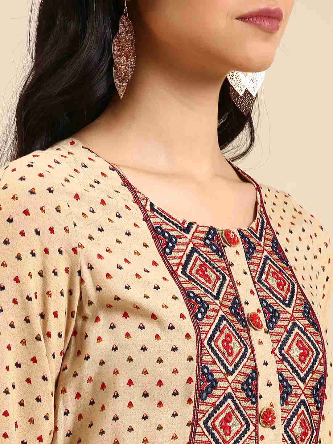 Showoff | SHOWOFF Women Beige Ethnic Motifs Round Neck Three-Quarter Sleeves Ankle Length Anarkali Kurta 5