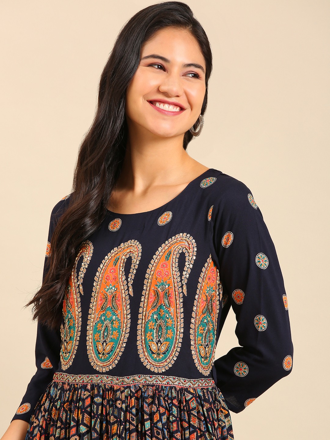 SHOWOFF Women Navy Blue Ethnic Motifs Round Neck Three-Quarter Sleeves Ankle Length Anarkali Kurta