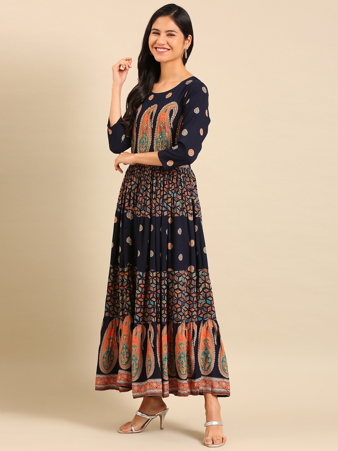 SHOWOFF Women Navy Blue Ethnic Motifs Round Neck Three-Quarter Sleeves Ankle Length Anarkali Kurta