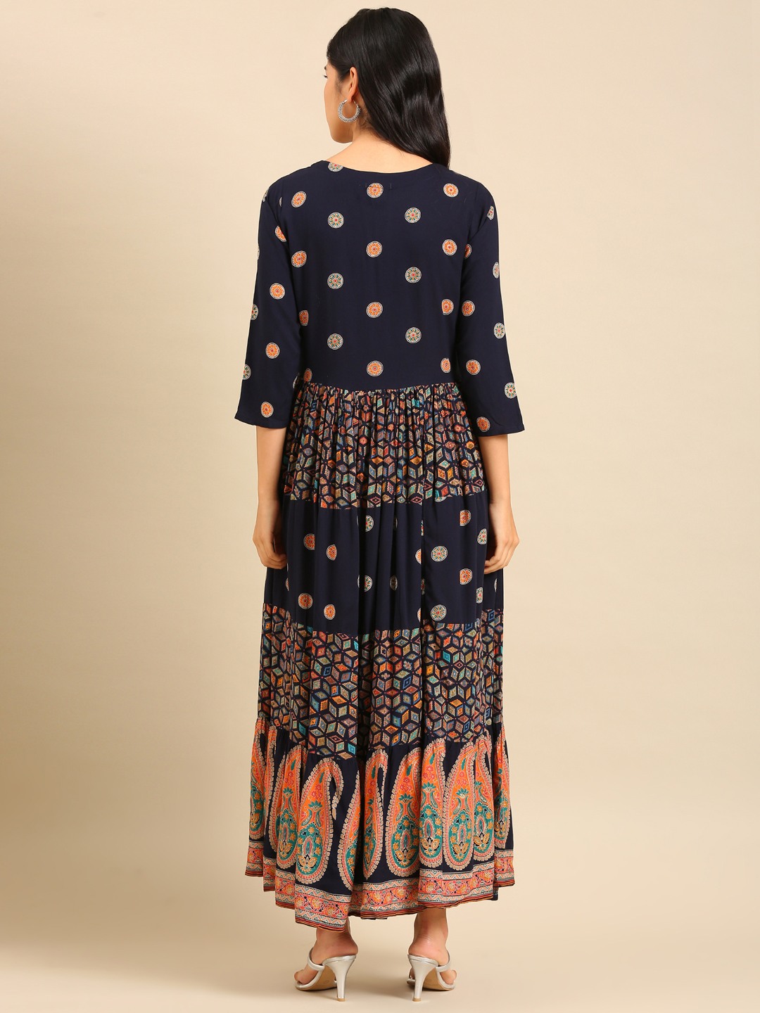 SHOWOFF Women Navy Blue Ethnic Motifs Round Neck Three-Quarter Sleeves Ankle Length Anarkali Kurta