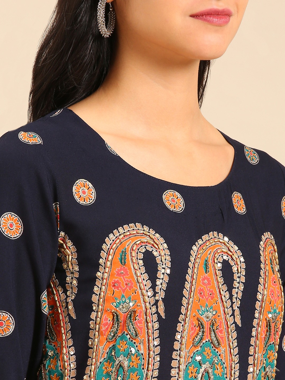 SHOWOFF Women Navy Blue Ethnic Motifs Round Neck Three-Quarter Sleeves Ankle Length Anarkali Kurta