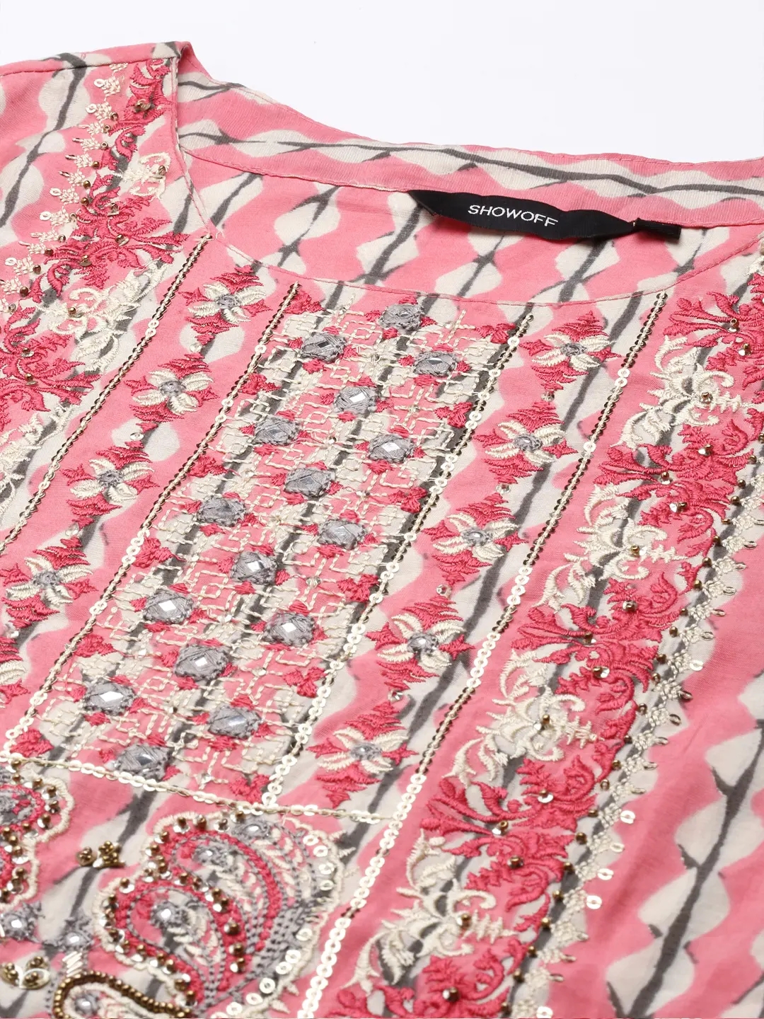 Showoff | SHOWOFF Women Pink Printed  Round Neck Three-Quarter Sleeves Mid Length Straight Kurta Set 1