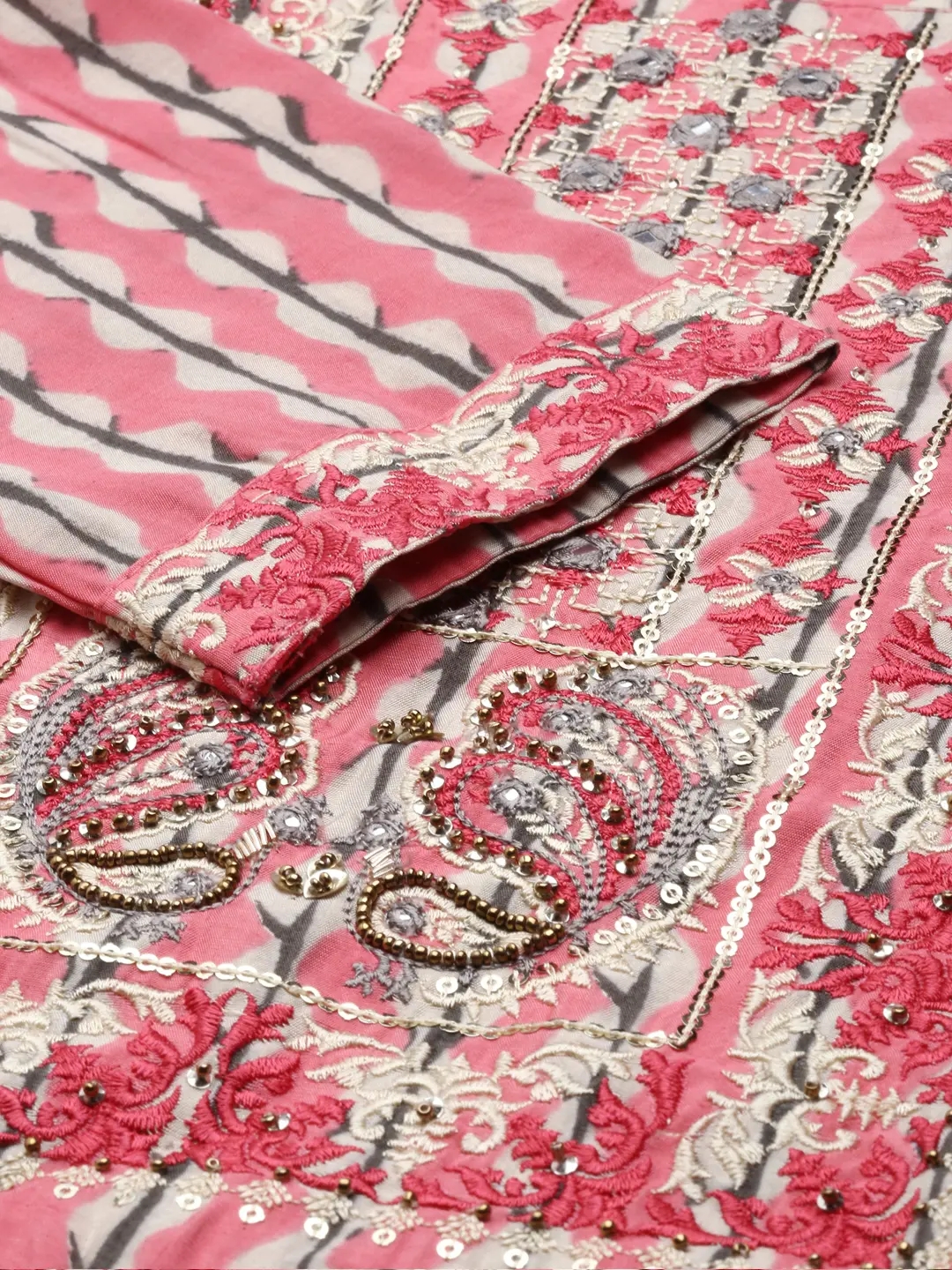 Showoff | SHOWOFF Women Pink Printed  Round Neck Three-Quarter Sleeves Mid Length Straight Kurta Set 2