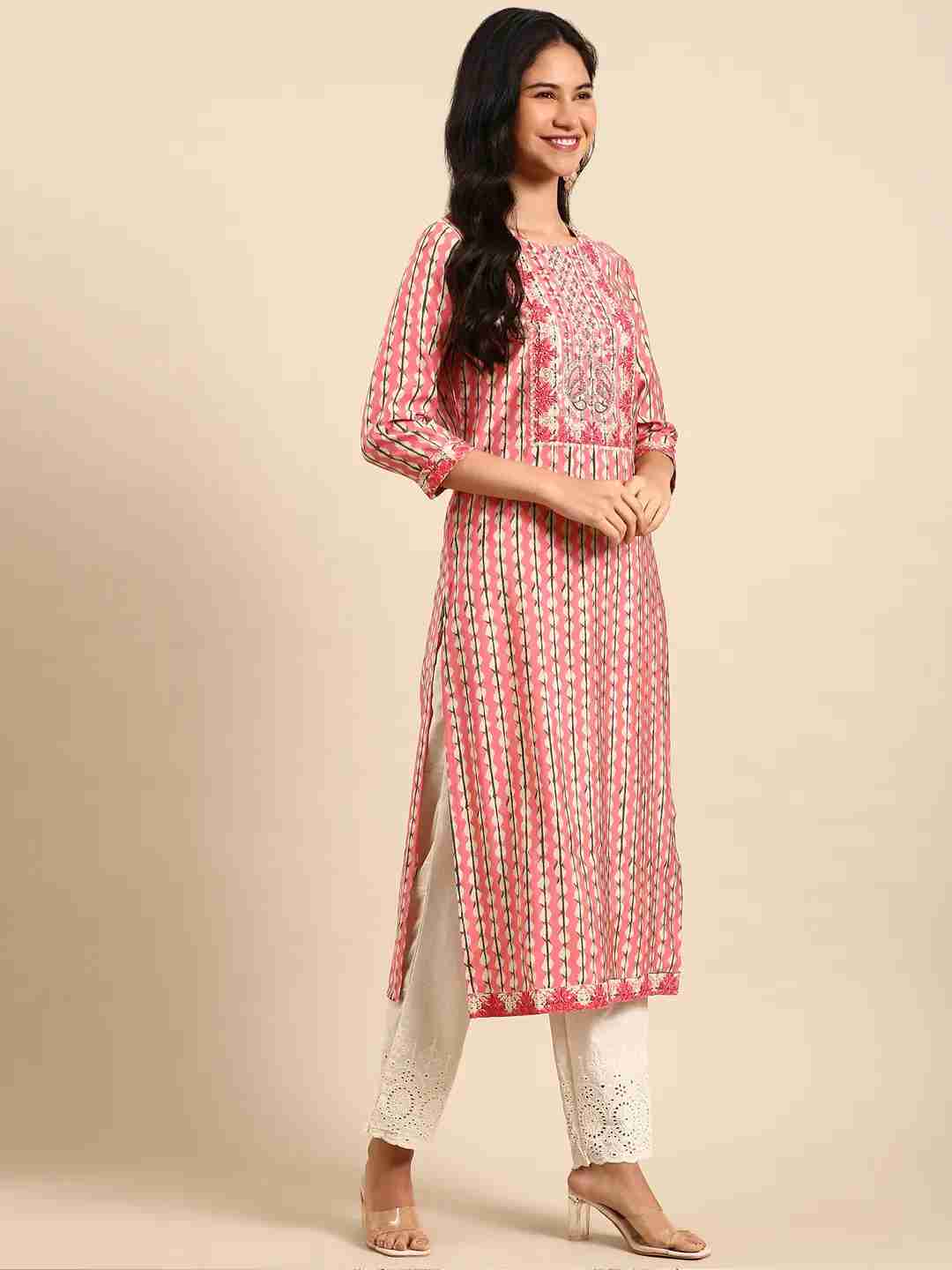 Showoff | SHOWOFF Women Pink Printed  Round Neck Three-Quarter Sleeves Mid Length Straight Kurta Set 3