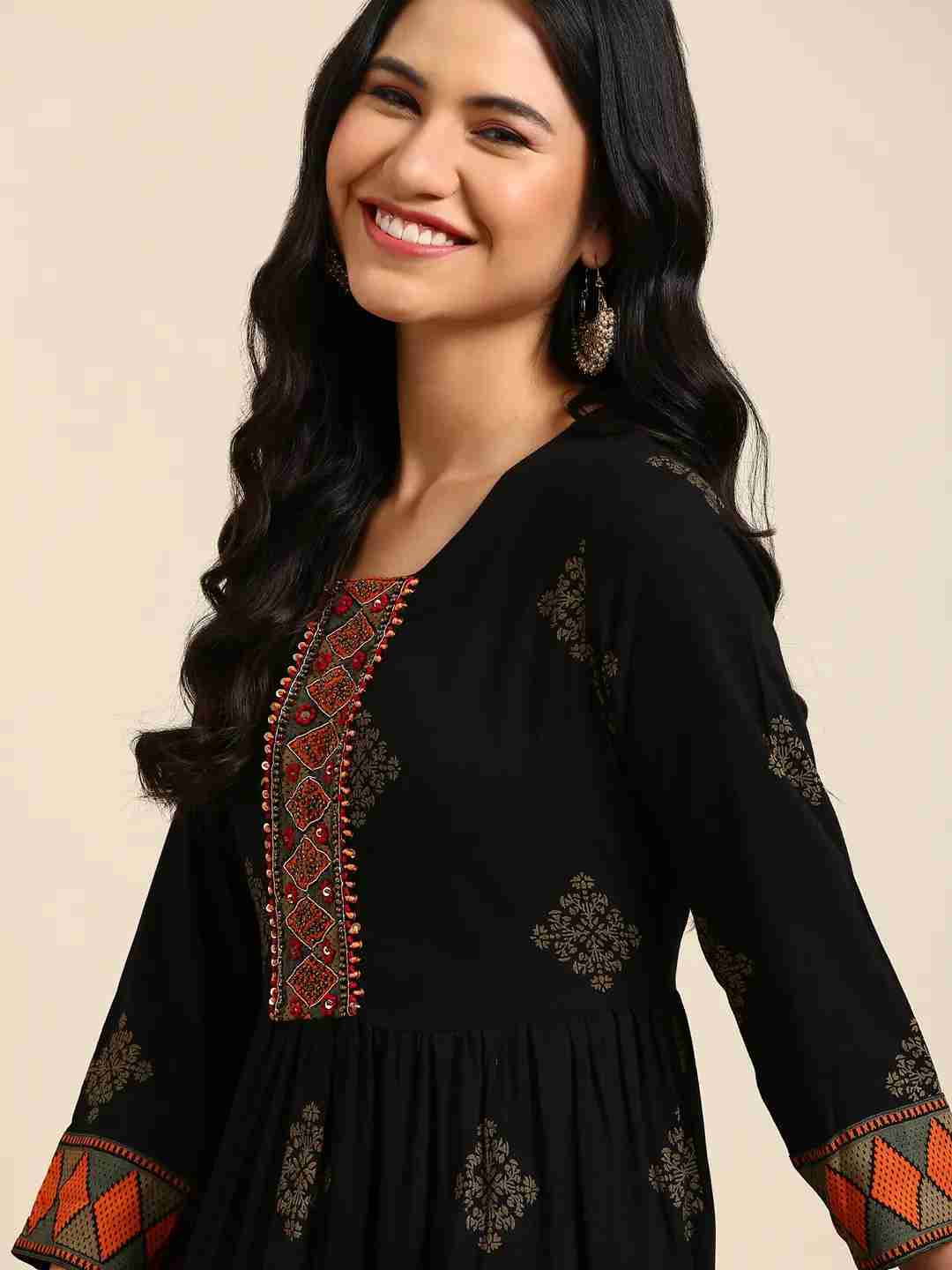 SHOWOFF Women Black Ethnic Motifs Round Neck Three-Quarter Sleeves Ankle Length Anarkali Kurta