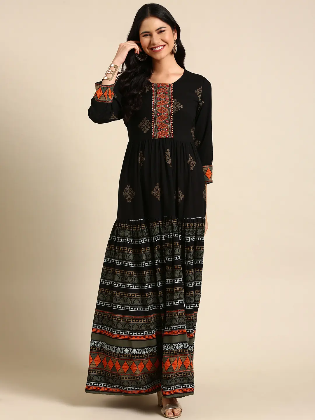 SHOWOFF Women Black Ethnic Motifs Round Neck Three-Quarter Sleeves Ankle Length Anarkali Kurta