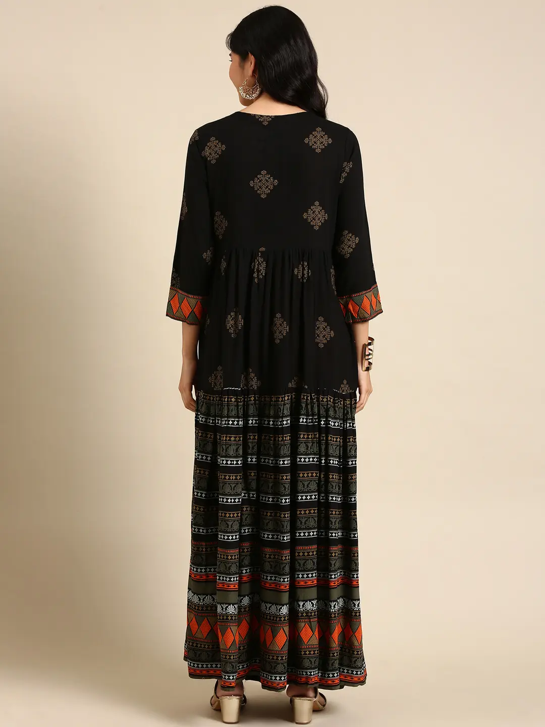 SHOWOFF Women Black Ethnic Motifs Round Neck Three-Quarter Sleeves Ankle Length Anarkali Kurta