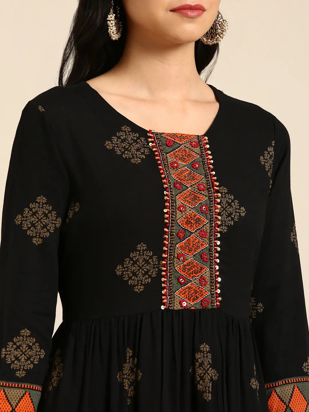 SHOWOFF Women Black Ethnic Motifs Round Neck Three-Quarter Sleeves Ankle Length Anarkali Kurta