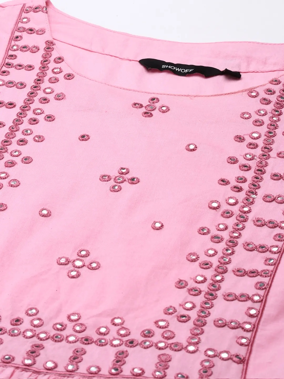 Showoff | SHOWOFF Women Pink Solid Round Neck Three-Quarter Sleeves Mid Length A-Line Kurta Set 1