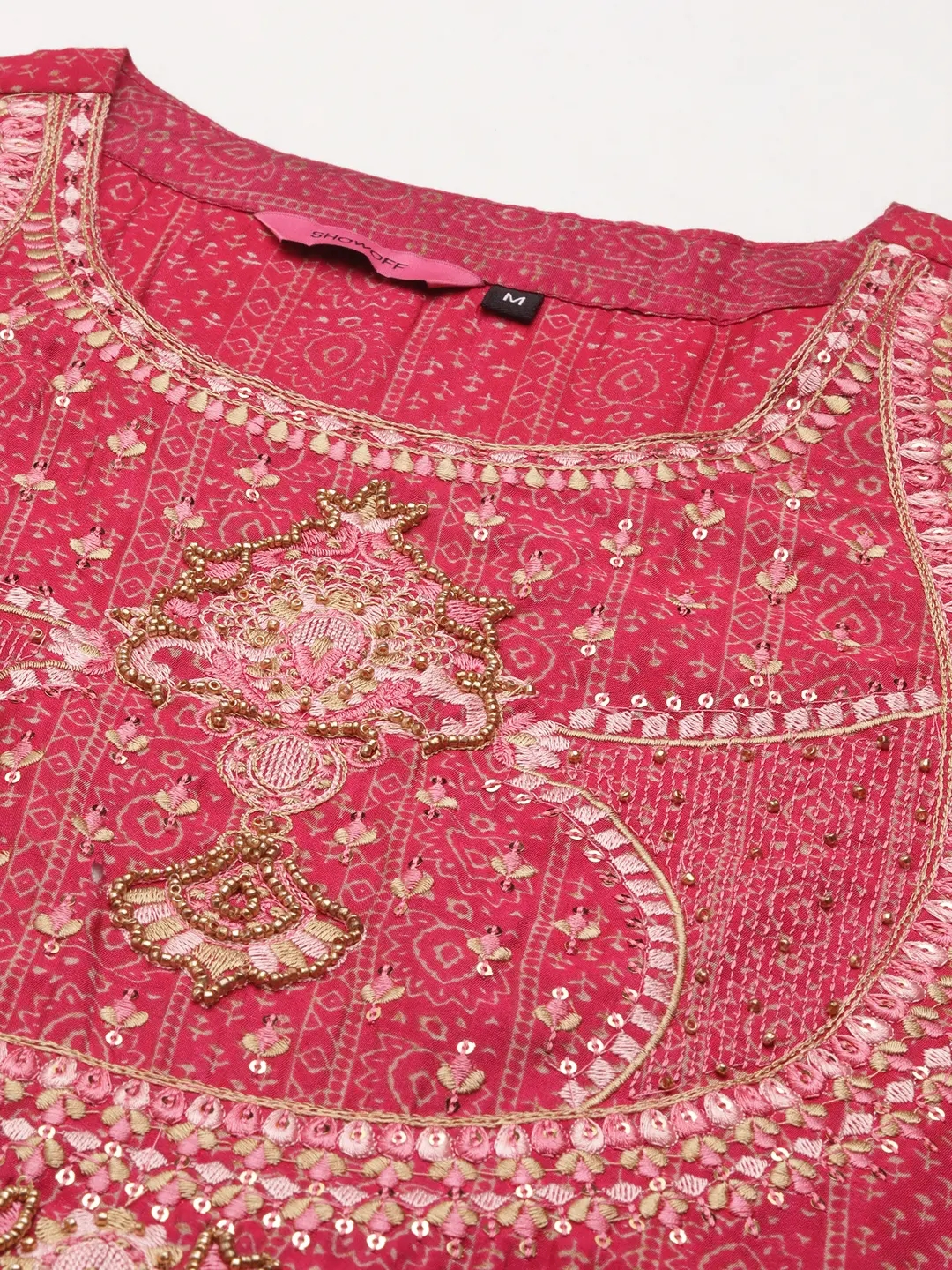 Showoff | SHOWOFF Women Pink Printed Round Neck Three-Quarter Sleeves Mid Length Straight Kurta Set 1