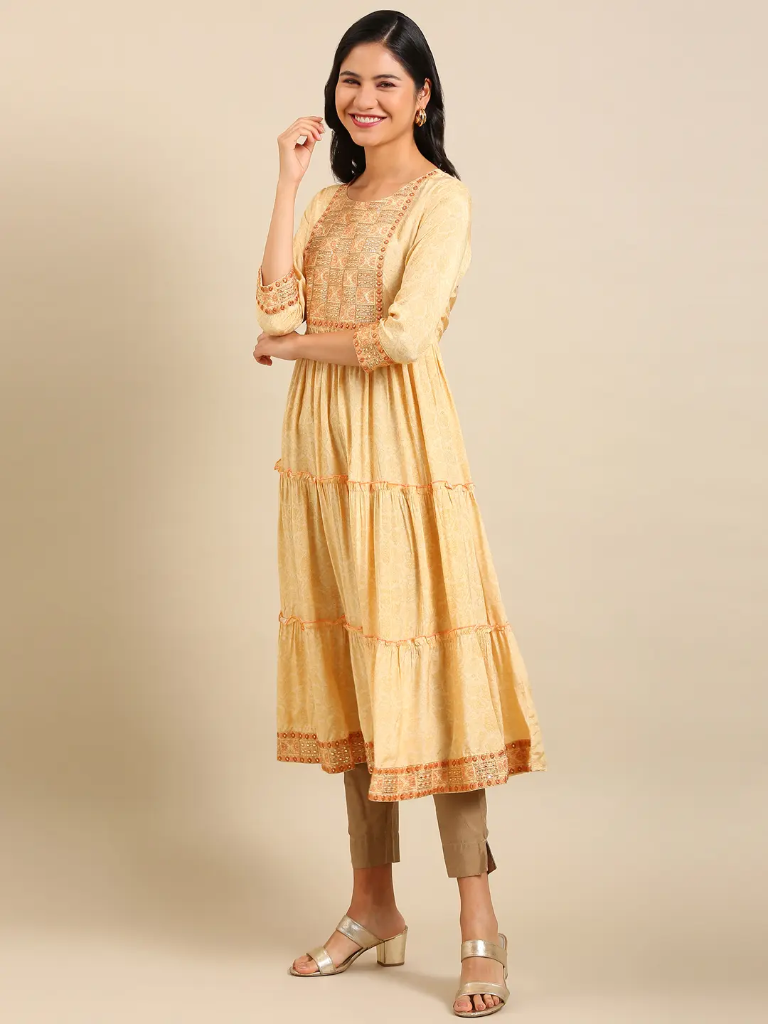 Showoff | SHOWOFF Women Yellow Ethnic Motifs Round Neck Three-Quarter Sleeves Ankle Length Anarkali Kurta 3