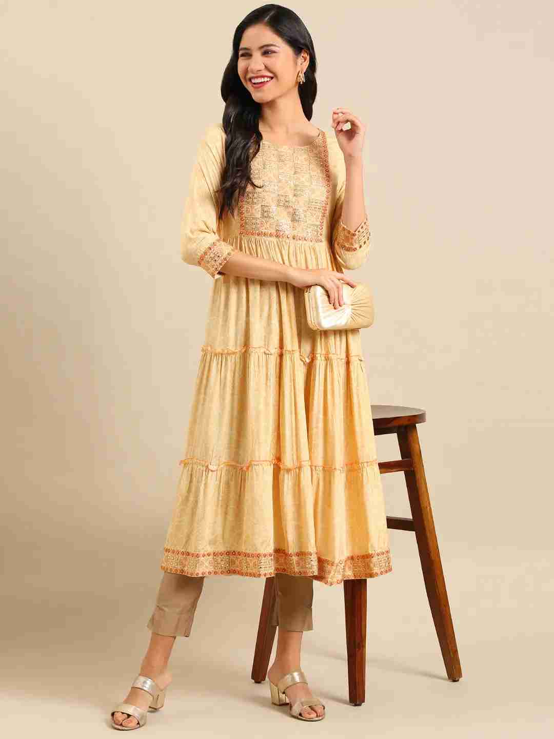 Showoff | SHOWOFF Women Yellow Ethnic Motifs Round Neck Three-Quarter Sleeves Ankle Length Anarkali Kurta 5