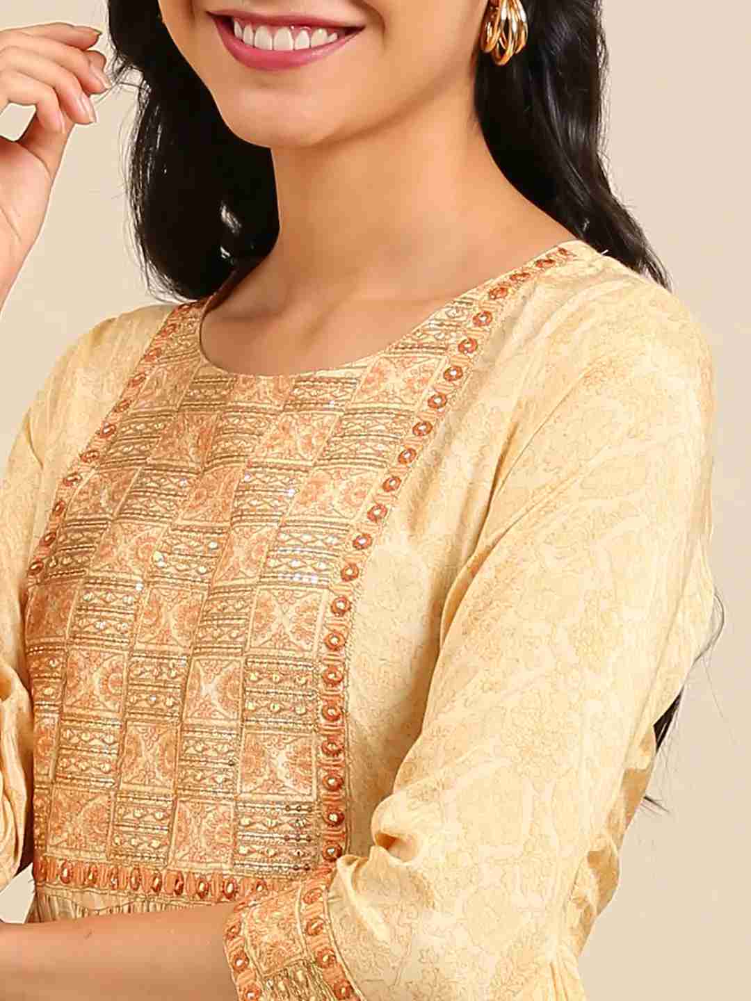 Showoff | SHOWOFF Women Yellow Ethnic Motifs Round Neck Three-Quarter Sleeves Ankle Length Anarkali Kurta 6