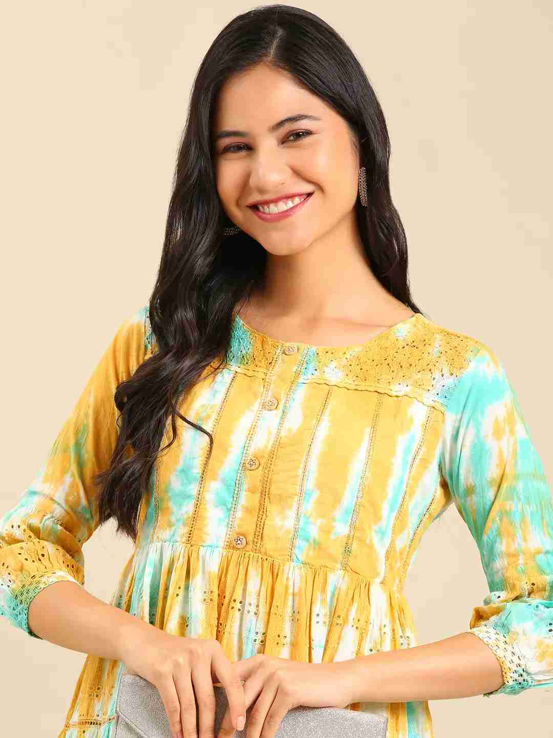 SHOWOFF Women Multi Woven Design Round Neck Three-Quarter Sleeves Knee length Anarkali Kurta