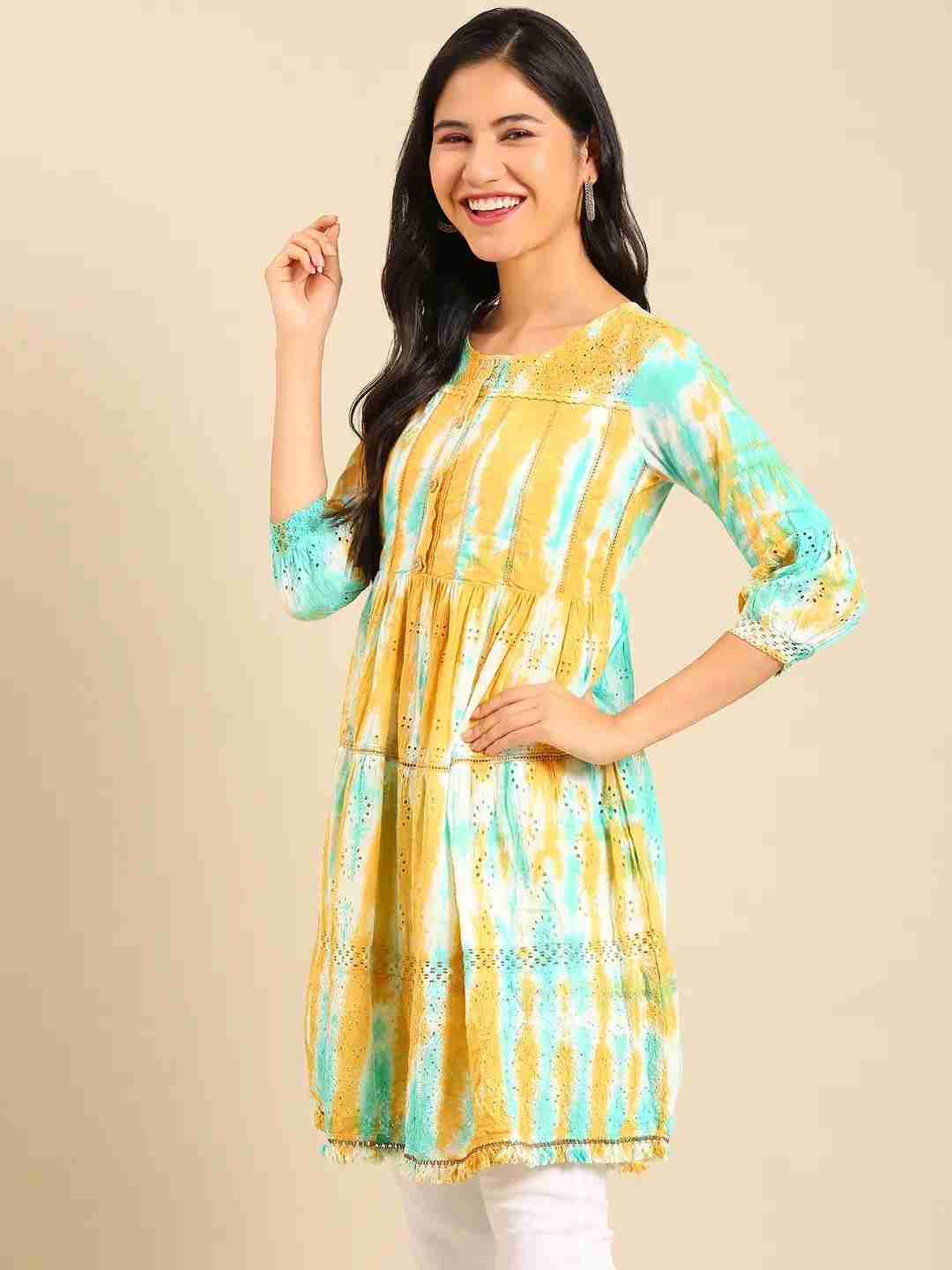 SHOWOFF Women Multi Woven Design Round Neck Three-Quarter Sleeves Knee length Anarkali Kurta