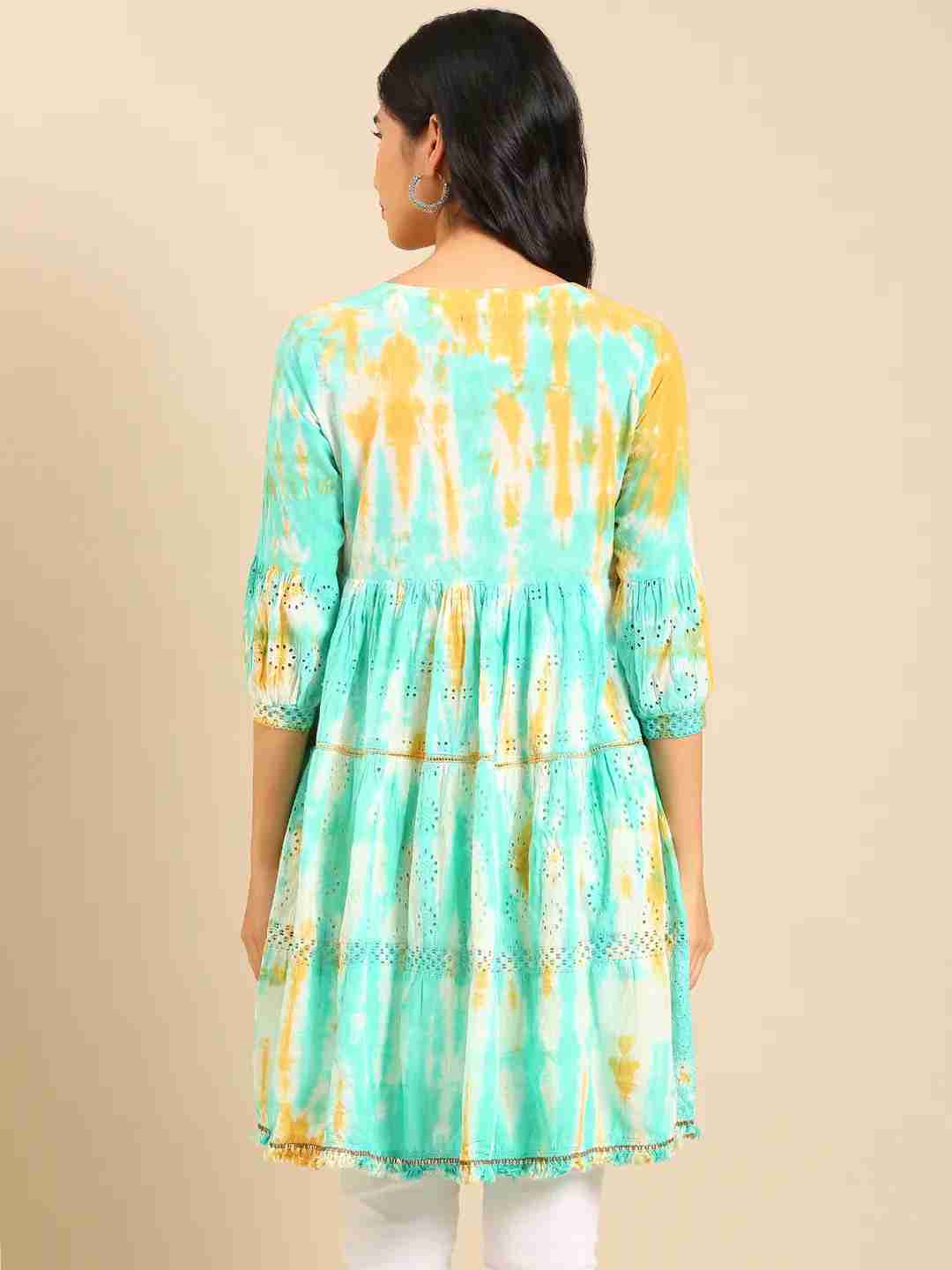 SHOWOFF Women Multi Woven Design Round Neck Three-Quarter Sleeves Knee length Anarkali Kurta
