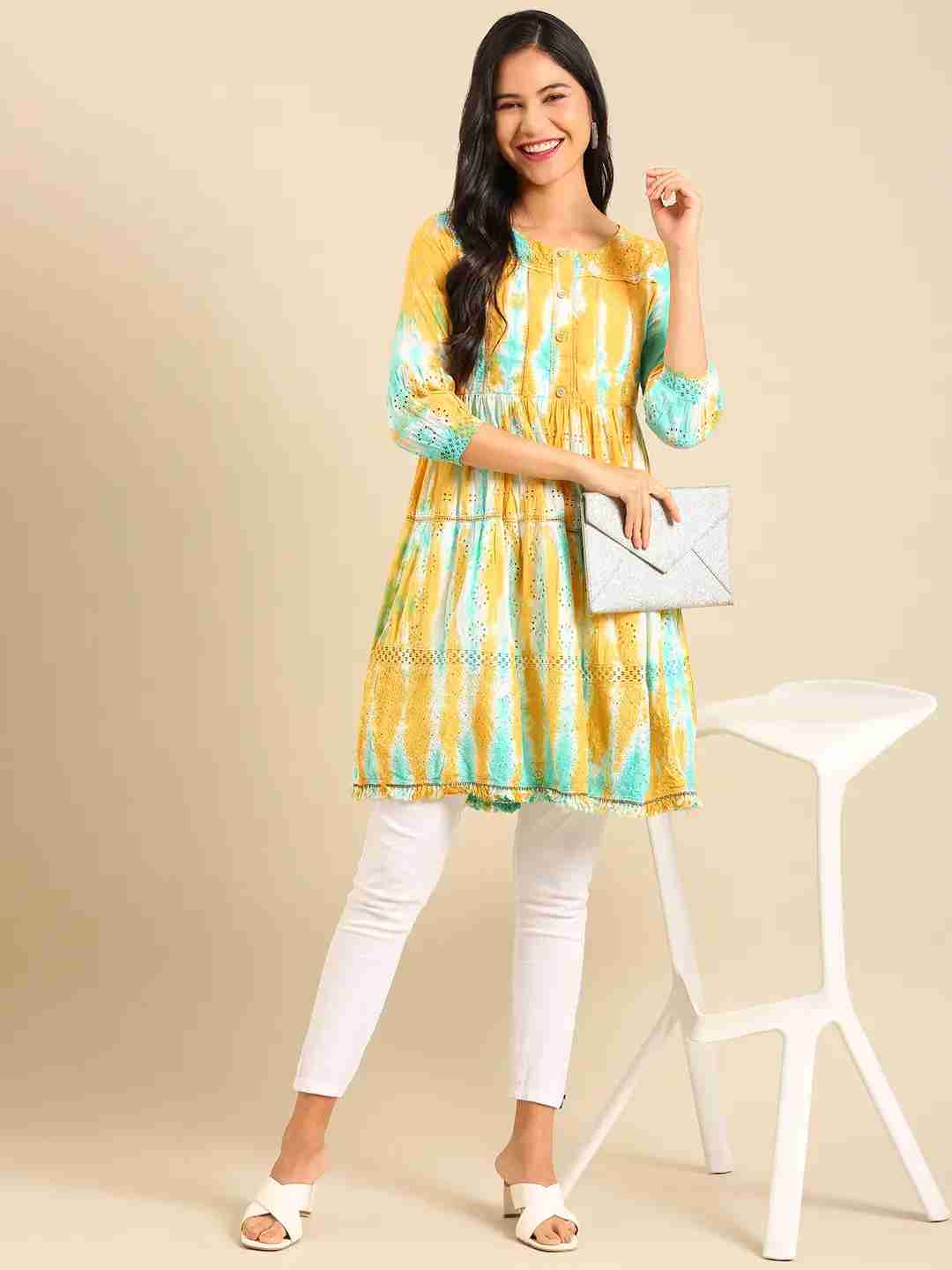 SHOWOFF Women Multi Woven Design Round Neck Three-Quarter Sleeves Knee length Anarkali Kurta