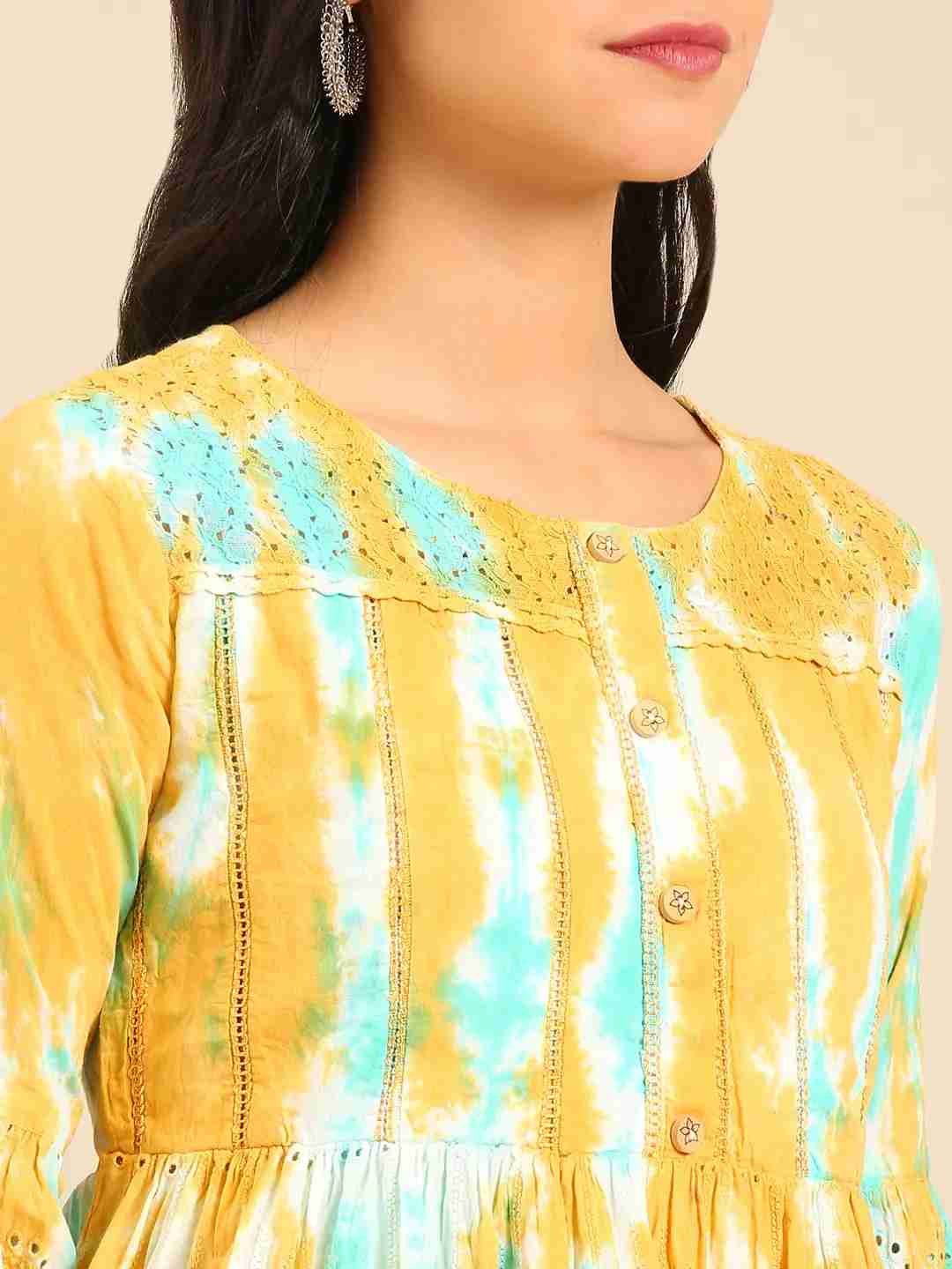 SHOWOFF Women Multi Woven Design Round Neck Three-Quarter Sleeves Knee length Anarkali Kurta