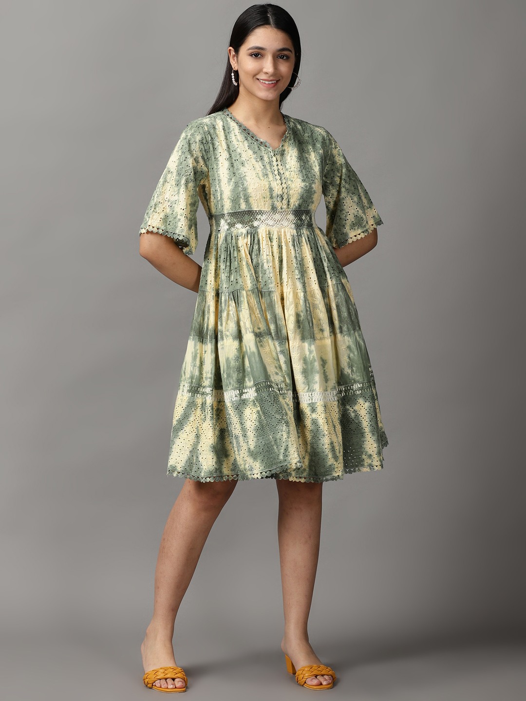 SHOWOFF Women Olive Tie and Dye V Neck Short Sleeves Knee length Fit and Flare Dress