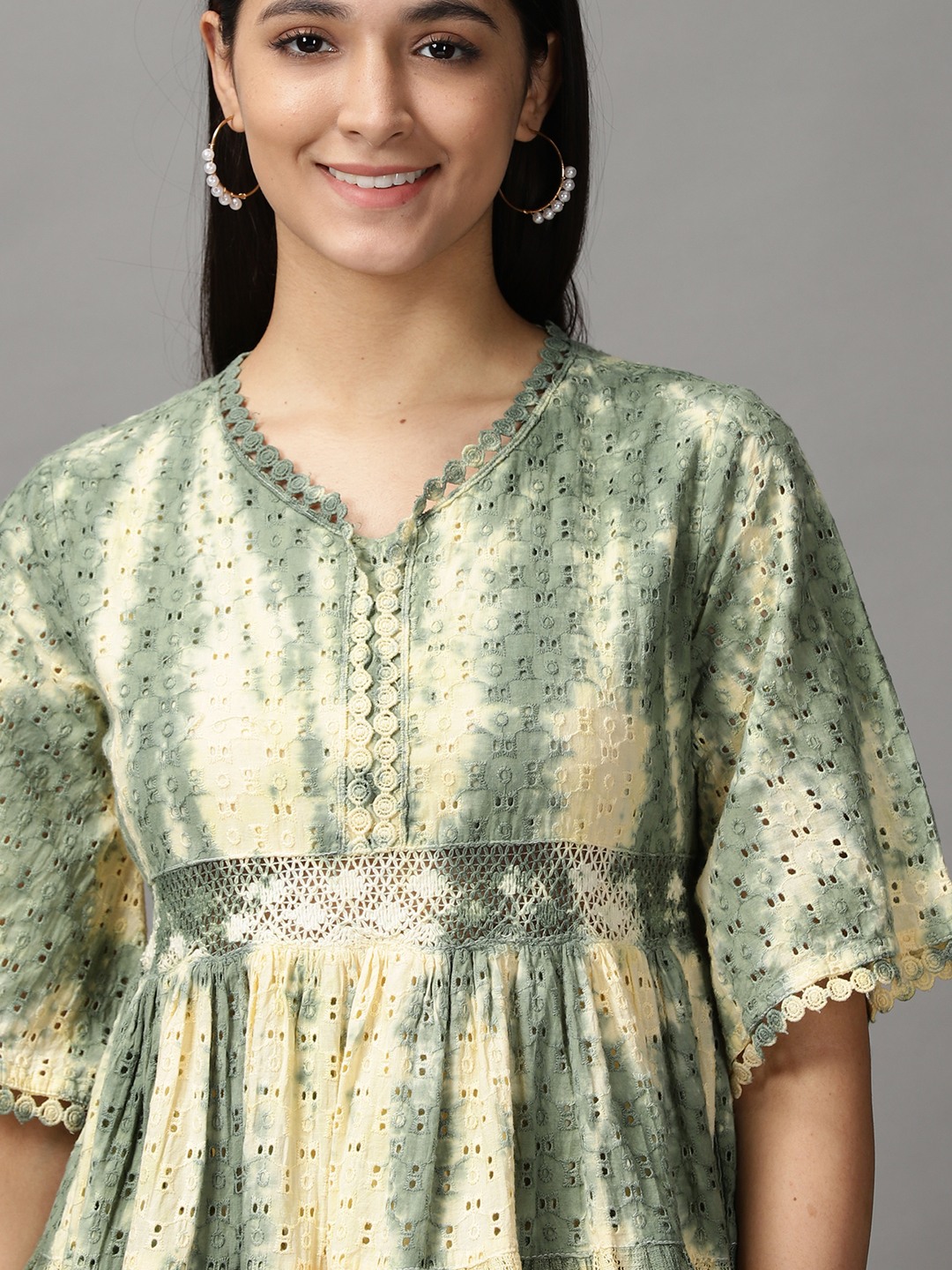 SHOWOFF Women Olive Tie and Dye V Neck Short Sleeves Knee length Fit and Flare Dress