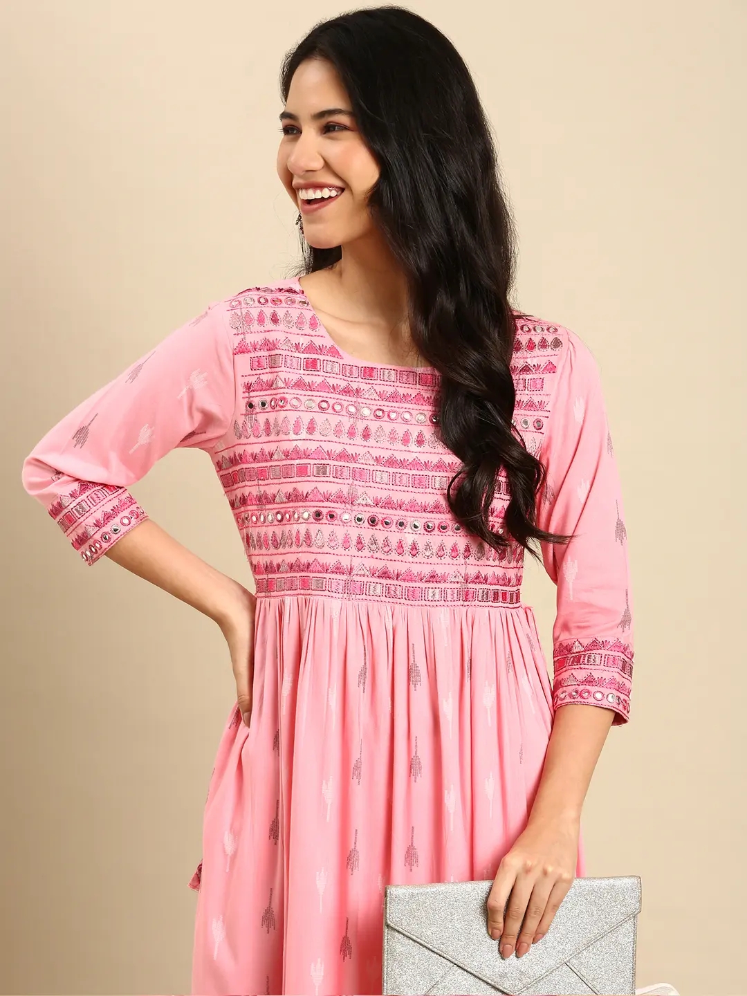 Showoff | SHOWOFF Women's Round Neck Abstract Pink A-Line Kurta 0