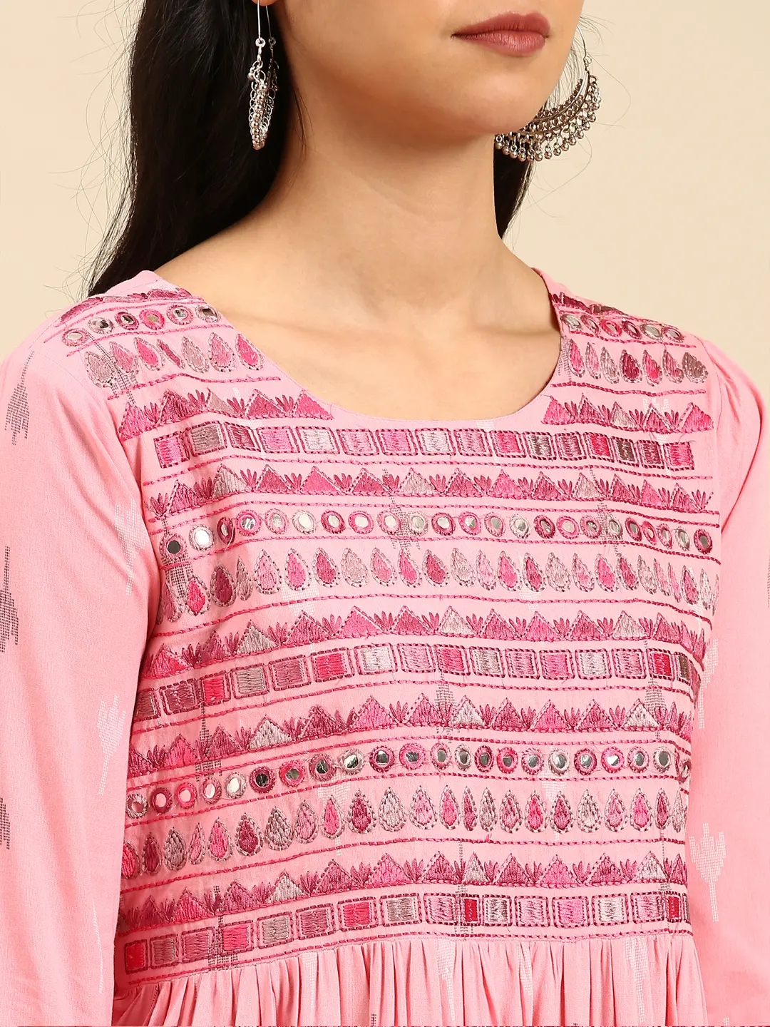 Showoff | SHOWOFF Women's Round Neck Abstract Pink A-Line Kurta 6