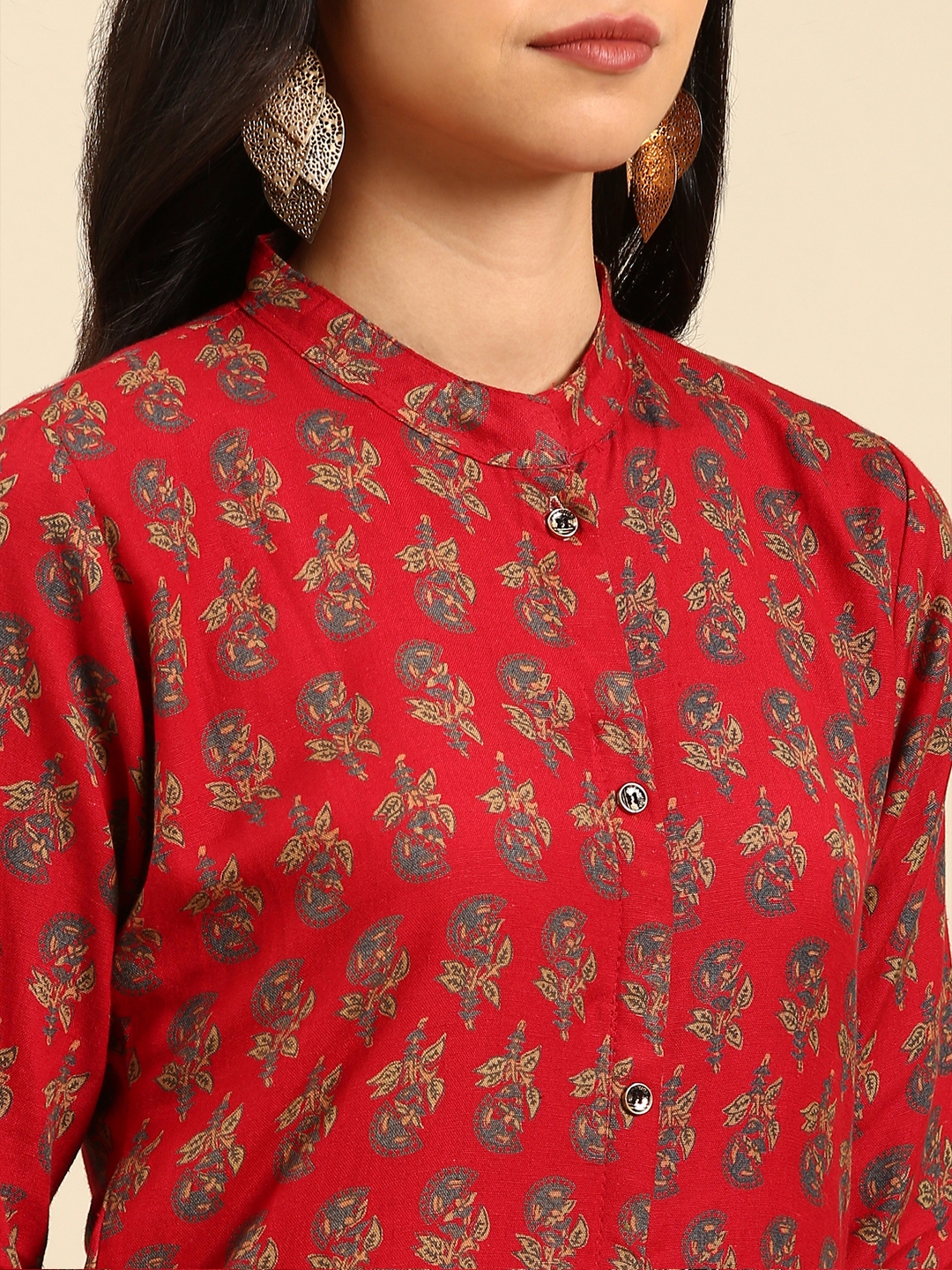 Showoff | SHOWOFF Women Red Ethnic Motifs  Mandarin Collar Three-Quarter Sleeves Mid Length Straight Kurta 5