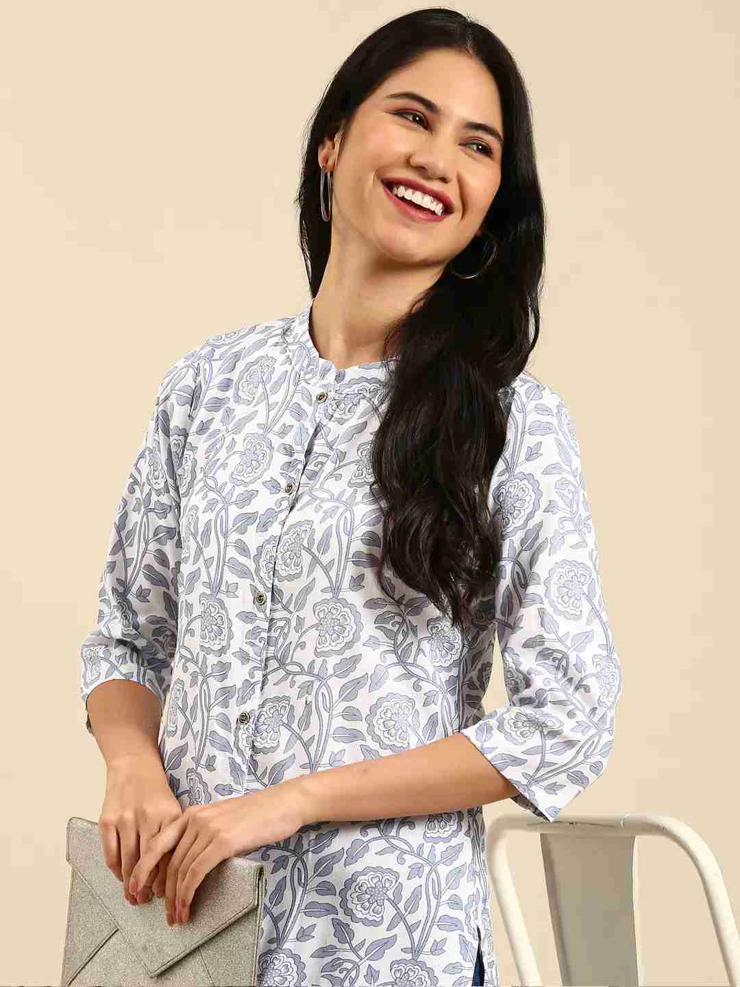 SHOWOFF Women White Floral Mandarin Collar Three-Quarter Sleeves Mid Length Straight Kurta
