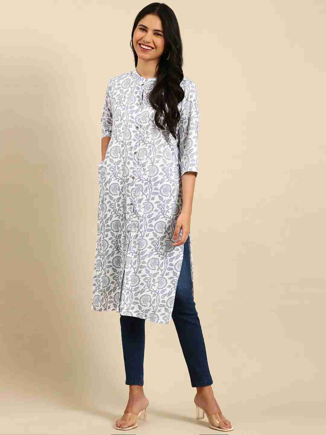 SHOWOFF Women White Floral Mandarin Collar Three-Quarter Sleeves Mid Length Straight Kurta