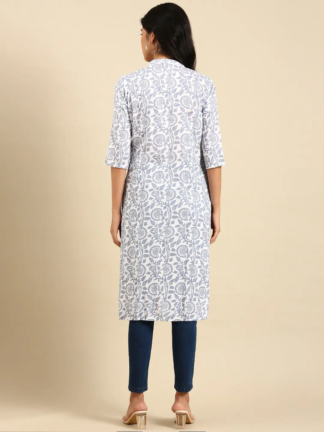 SHOWOFF Women White Floral Mandarin Collar Three-Quarter Sleeves Mid Length Straight Kurta