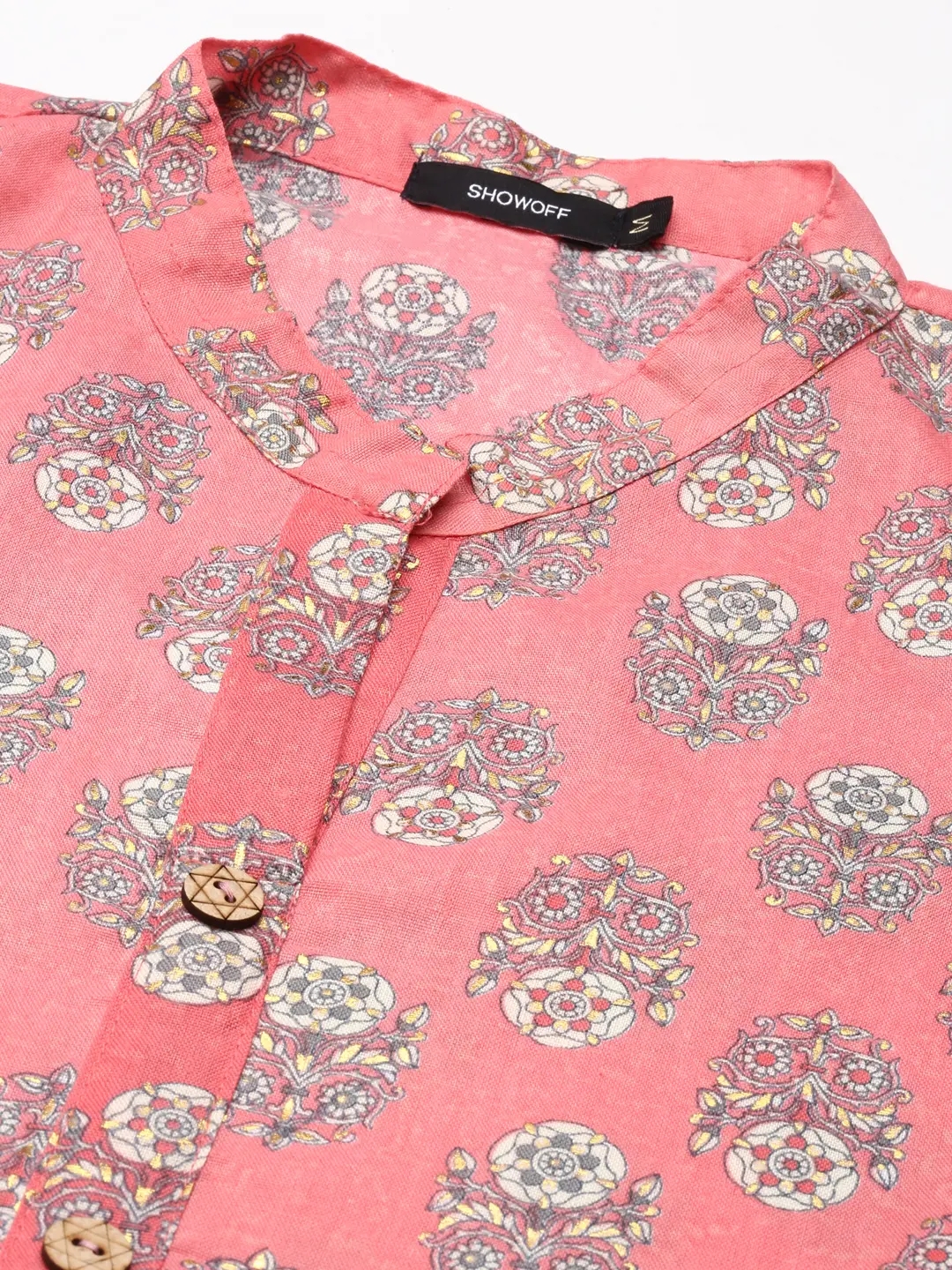Showoff | SHOWOFF Women Pink Ethnic Motifs Mandarin Collar Three-Quarter Sleeves Mid Length Straight Kurta 1