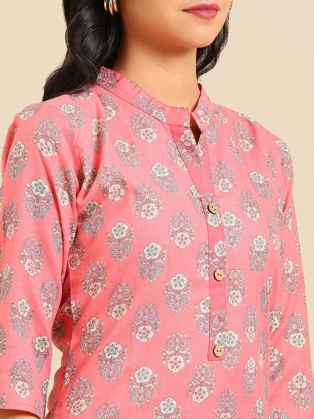 Showoff | SHOWOFF Women Pink Ethnic Motifs Mandarin Collar Three-Quarter Sleeves Mid Length Straight Kurta 5