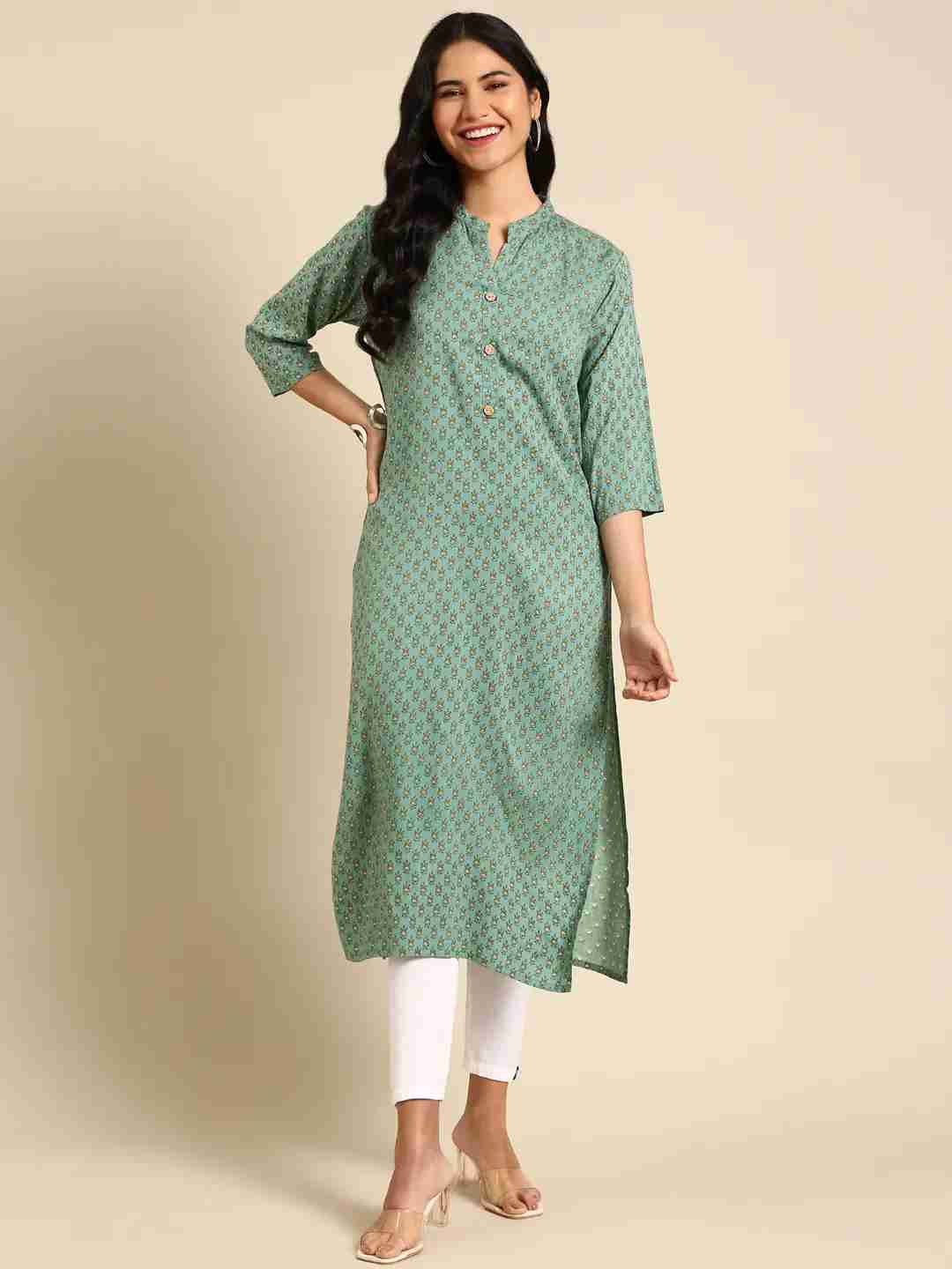 SHOWOFF Women Green Ethnic Motifs  Mandarin Collar Three-Quarter Sleeves Mid Length Straight Kurta