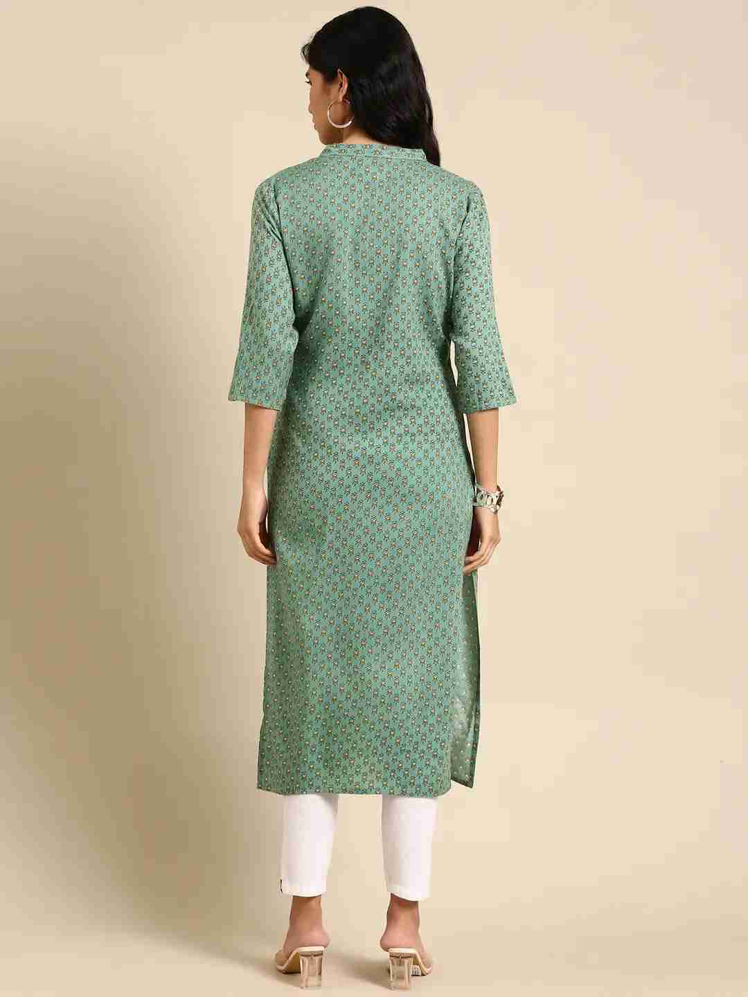 SHOWOFF Women Green Ethnic Motifs  Mandarin Collar Three-Quarter Sleeves Mid Length Straight Kurta