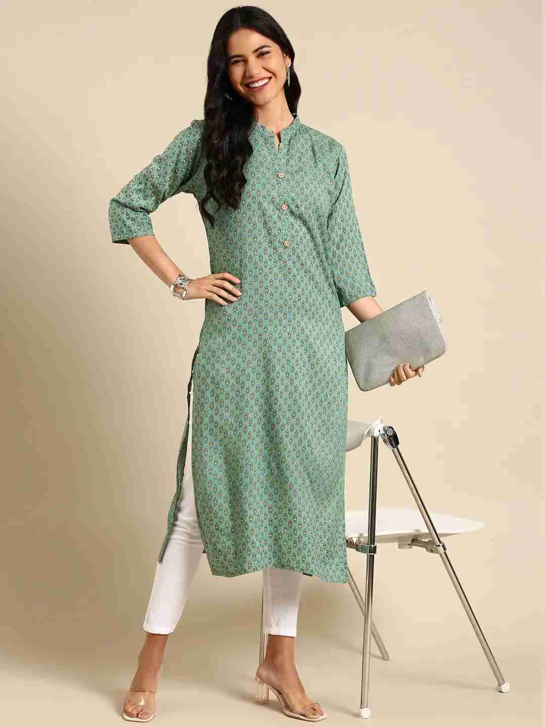 SHOWOFF Women Green Ethnic Motifs  Mandarin Collar Three-Quarter Sleeves Mid Length Straight Kurta