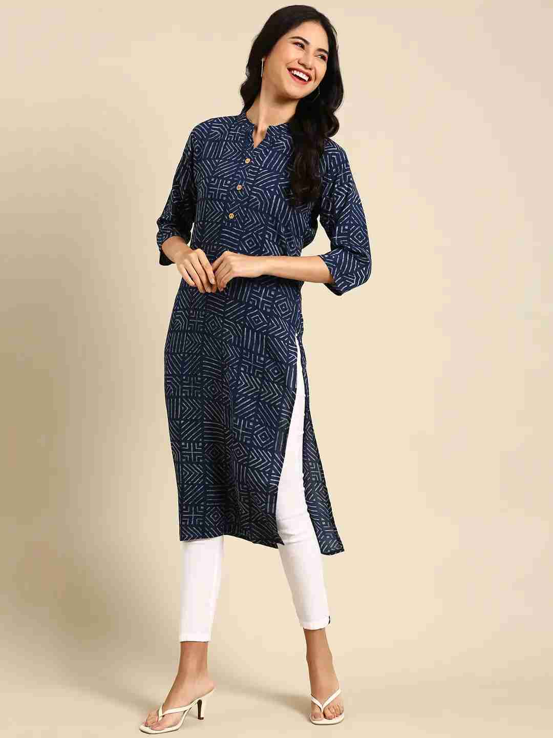 Showoff | SHOWOFF Women Navy Blue Geometric Mandarin Collar Three-Quarter Sleeves Mid Length Straight Kurta 2