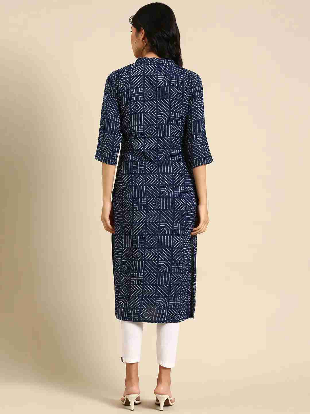 Showoff | SHOWOFF Women Navy Blue Geometric Mandarin Collar Three-Quarter Sleeves Mid Length Straight Kurta 3