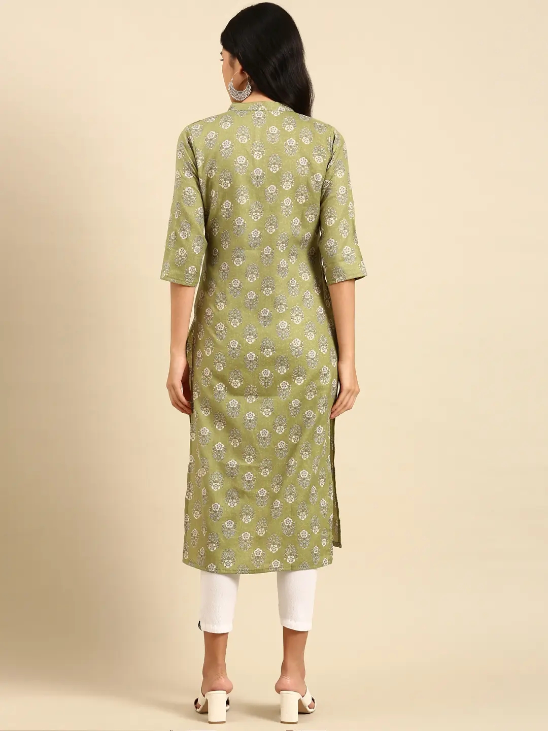 Showoff | SHOWOFF Women Green Ethnic Motifs  Mandarin Collar Three-Quarter Sleeves Mid Length Straight Kurta 3