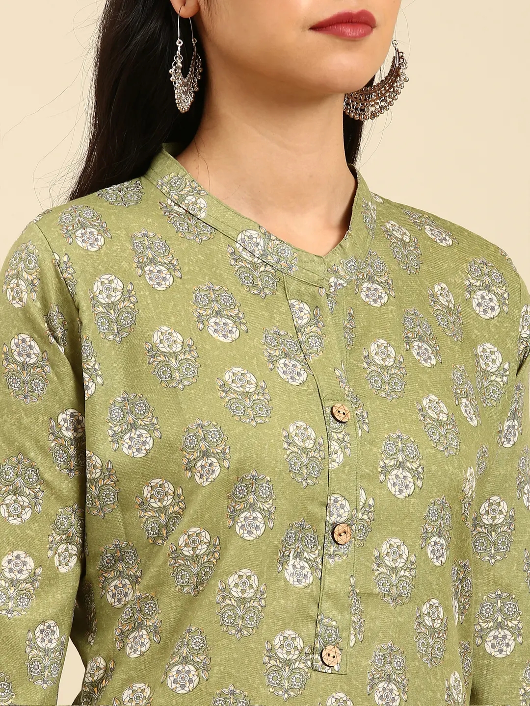 Showoff | SHOWOFF Women Green Ethnic Motifs  Mandarin Collar Three-Quarter Sleeves Mid Length Straight Kurta 5